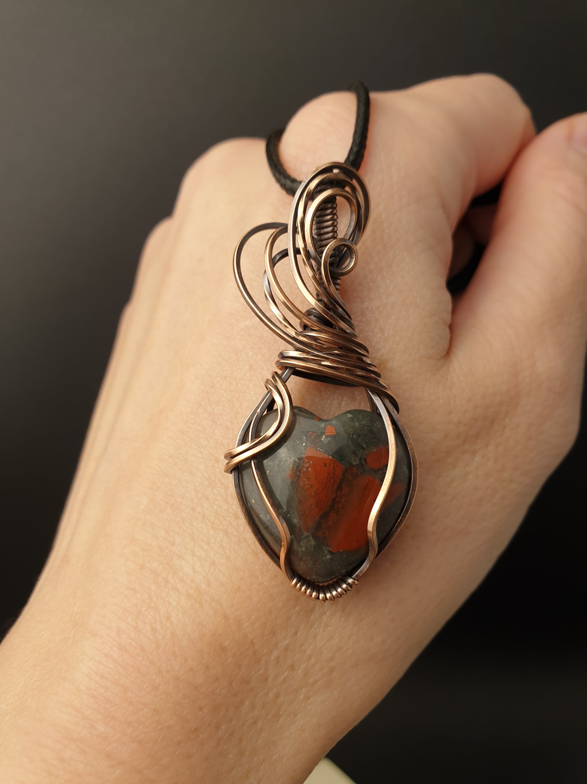 Heart shaped wire wrapped bloodstone pendant