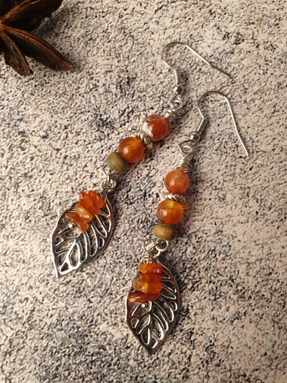 Fire agate gemstone leaf dangle earrings