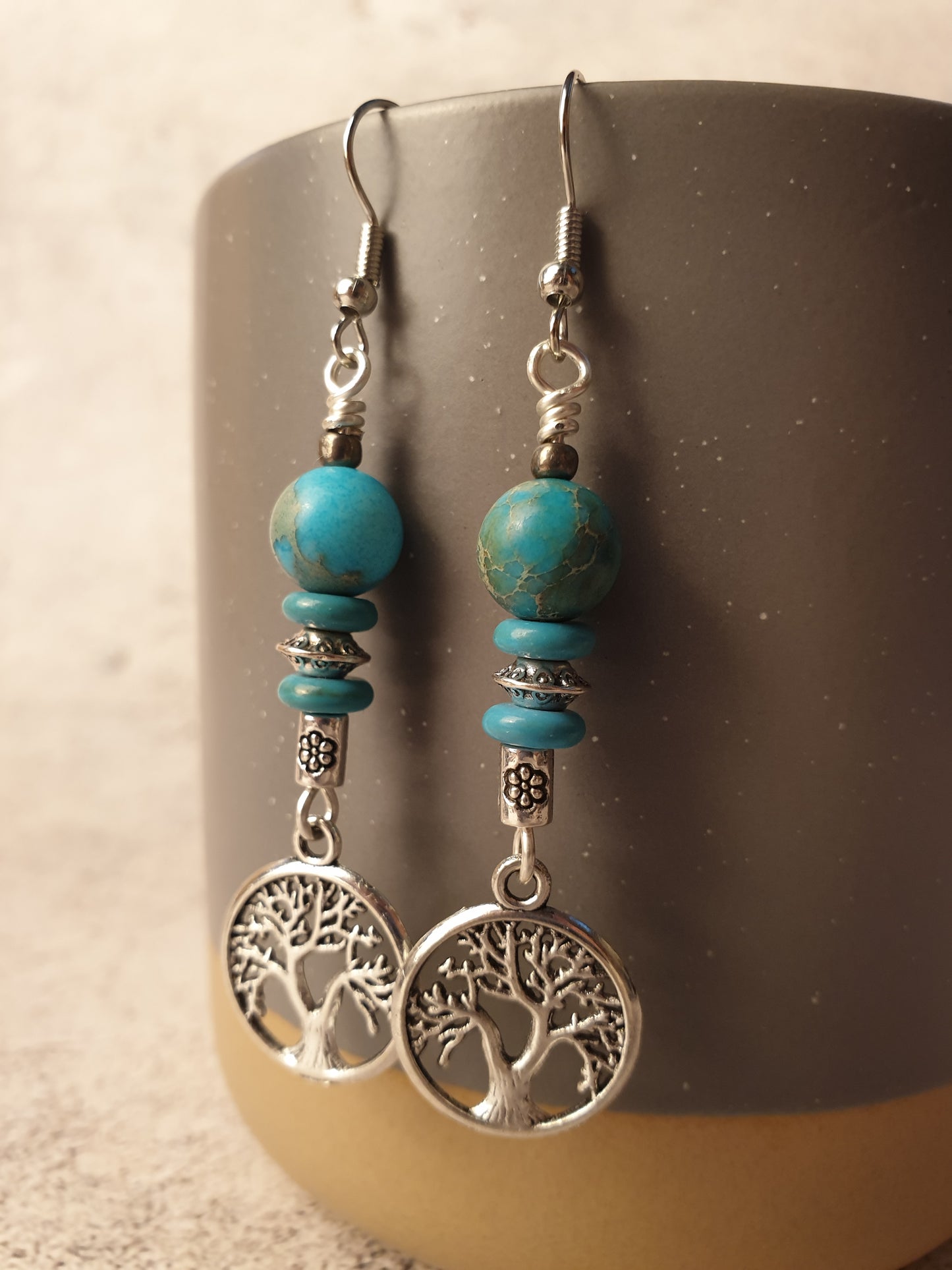 Blue sediment jasper and tree of life dangle earrings