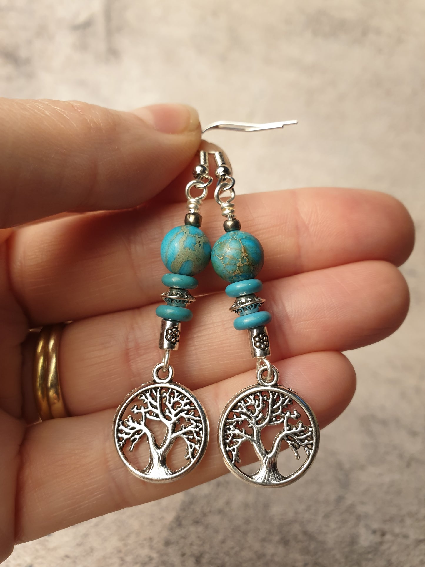 Blue sediment jasper and tree of life dangle earrings