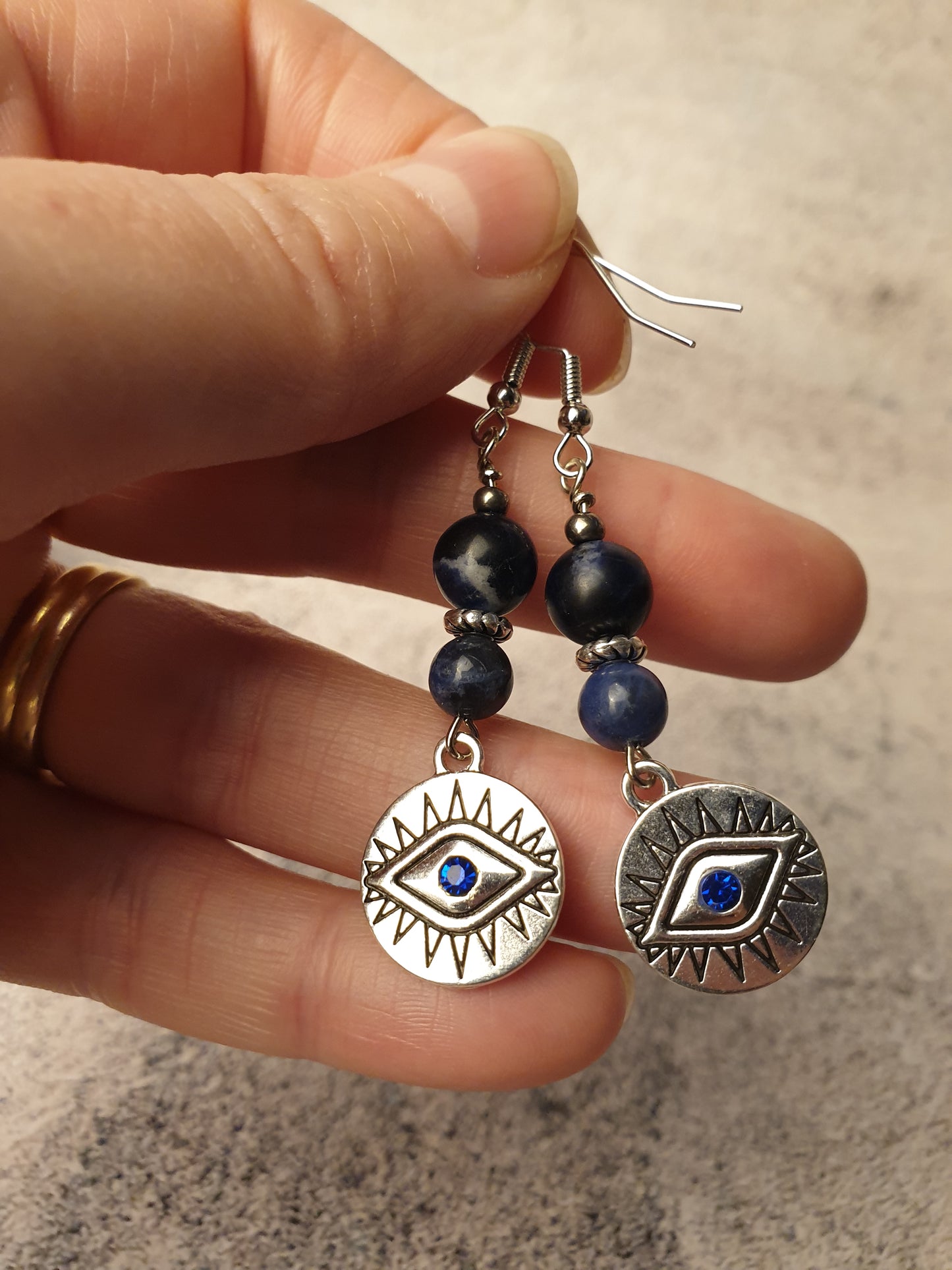 Sodalite and evil eye dangle earrings