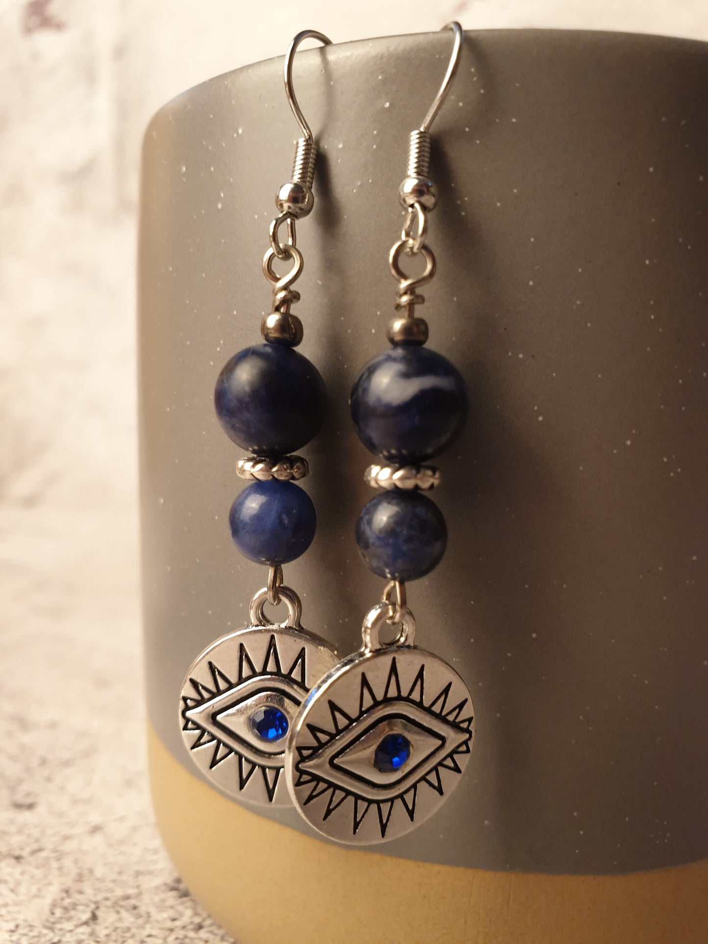 Sodalite and evil eye dangle earrings