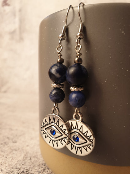 Sodalite and evil eye dangle earrings