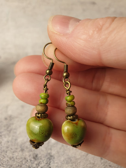 Ceramic and wood bead dangle earrings