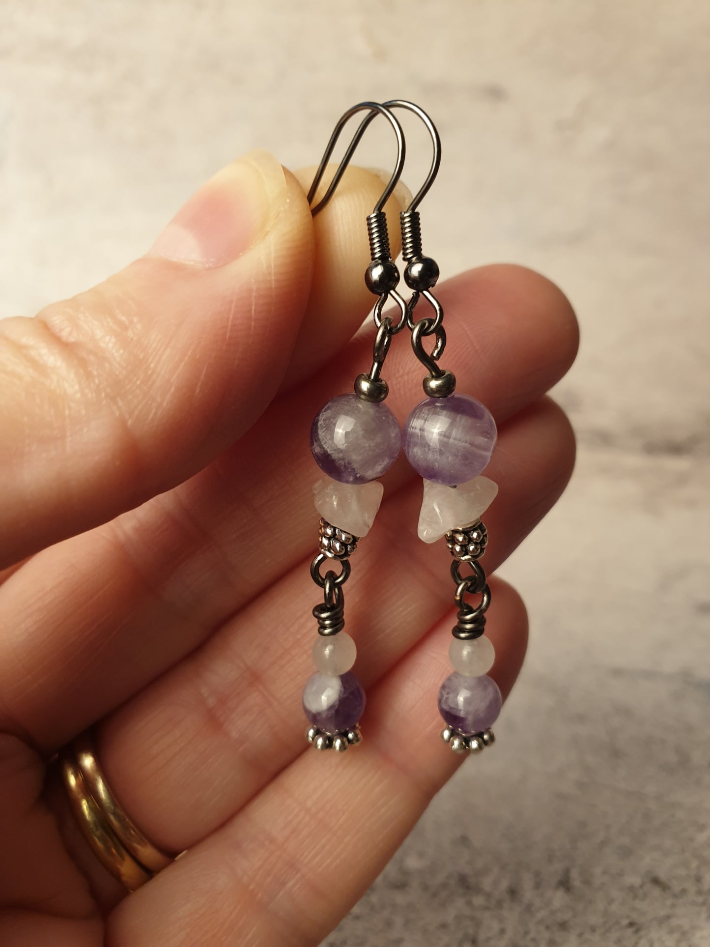 Amethyst and rose quartz dangle earrings