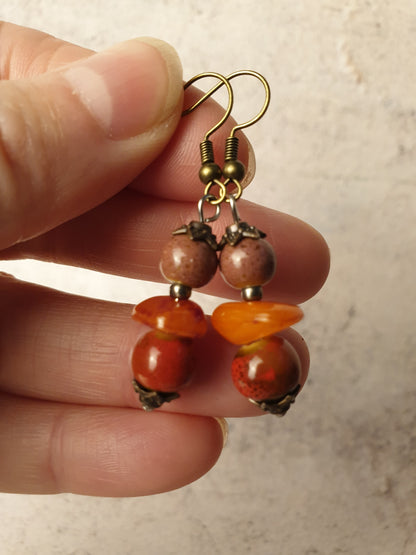 Amber and ceramic bead dangle earrings