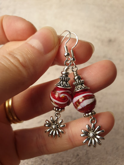 Glass bead and flower design dangle earrings