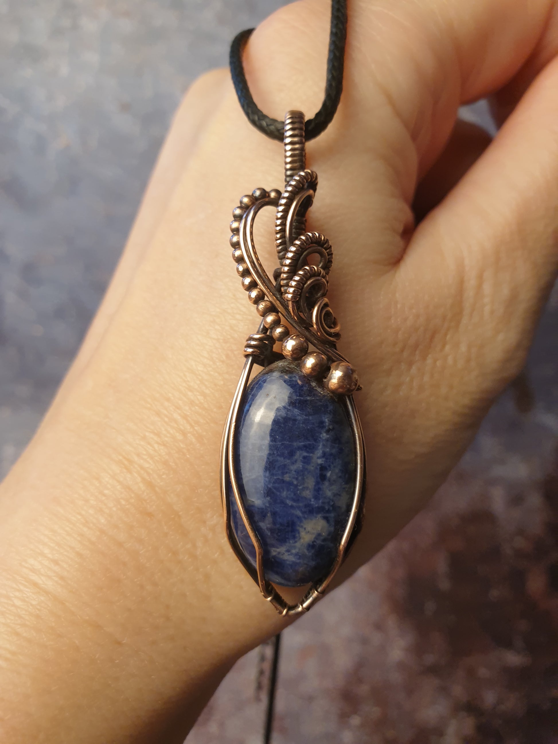 Boho styleSodalite pendant wire wrapped in antiqued copper