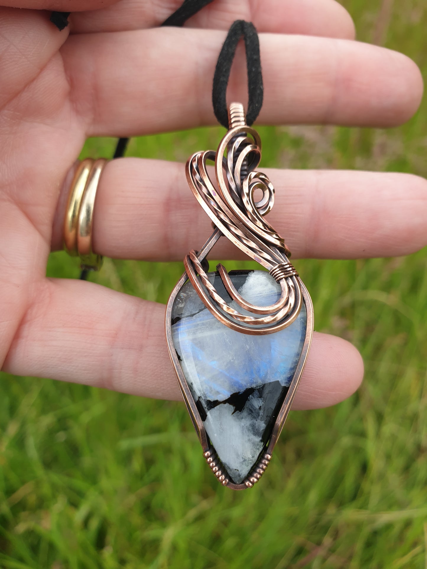 Moonstone and black tourmaline gemstone pendant