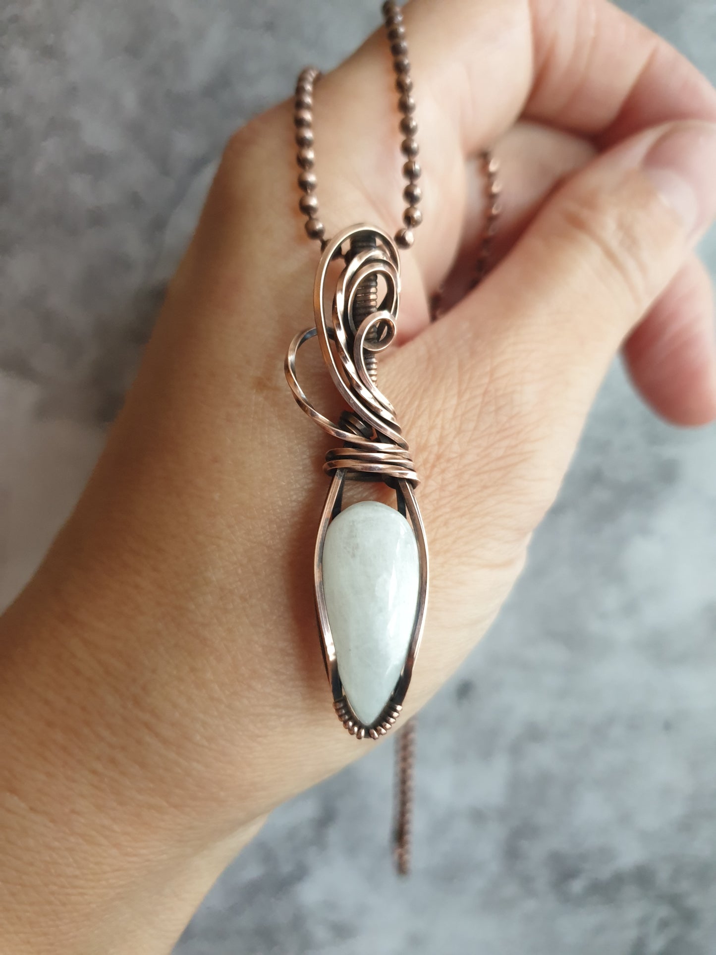 Handmade wire wrapped white moonstone pendant