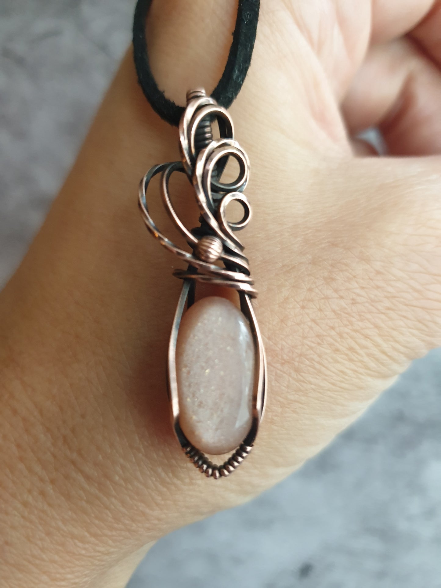 Wire wrapped mini peach moonstone pendant