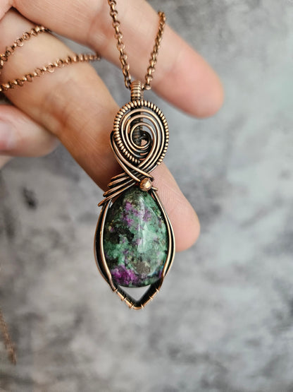 Ruby zoisite wire wrapped pendant