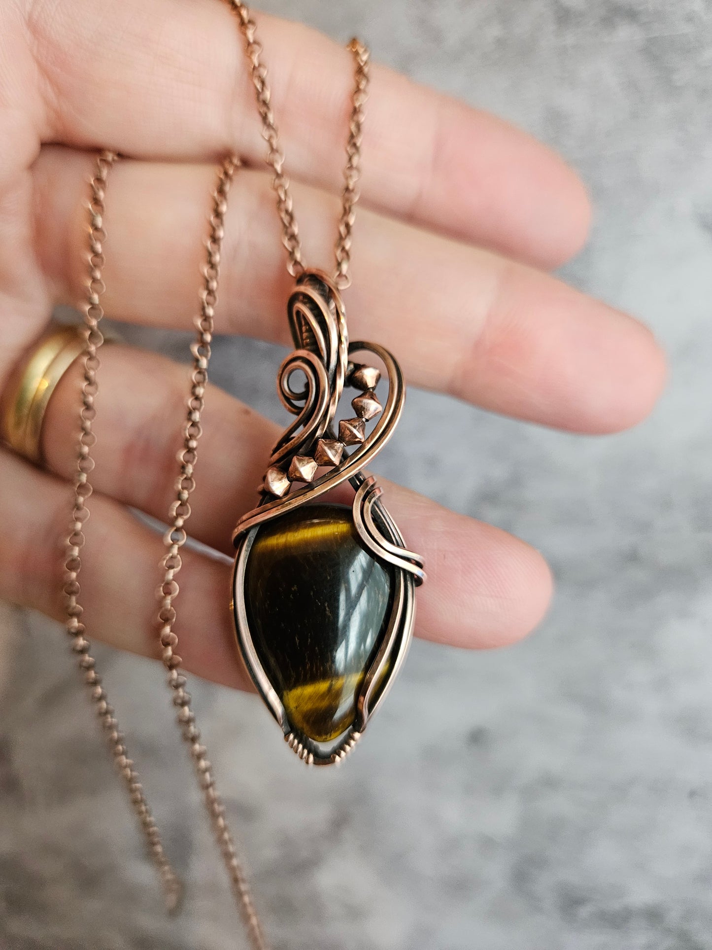 Boho style wire wrapped tiger eye necklace