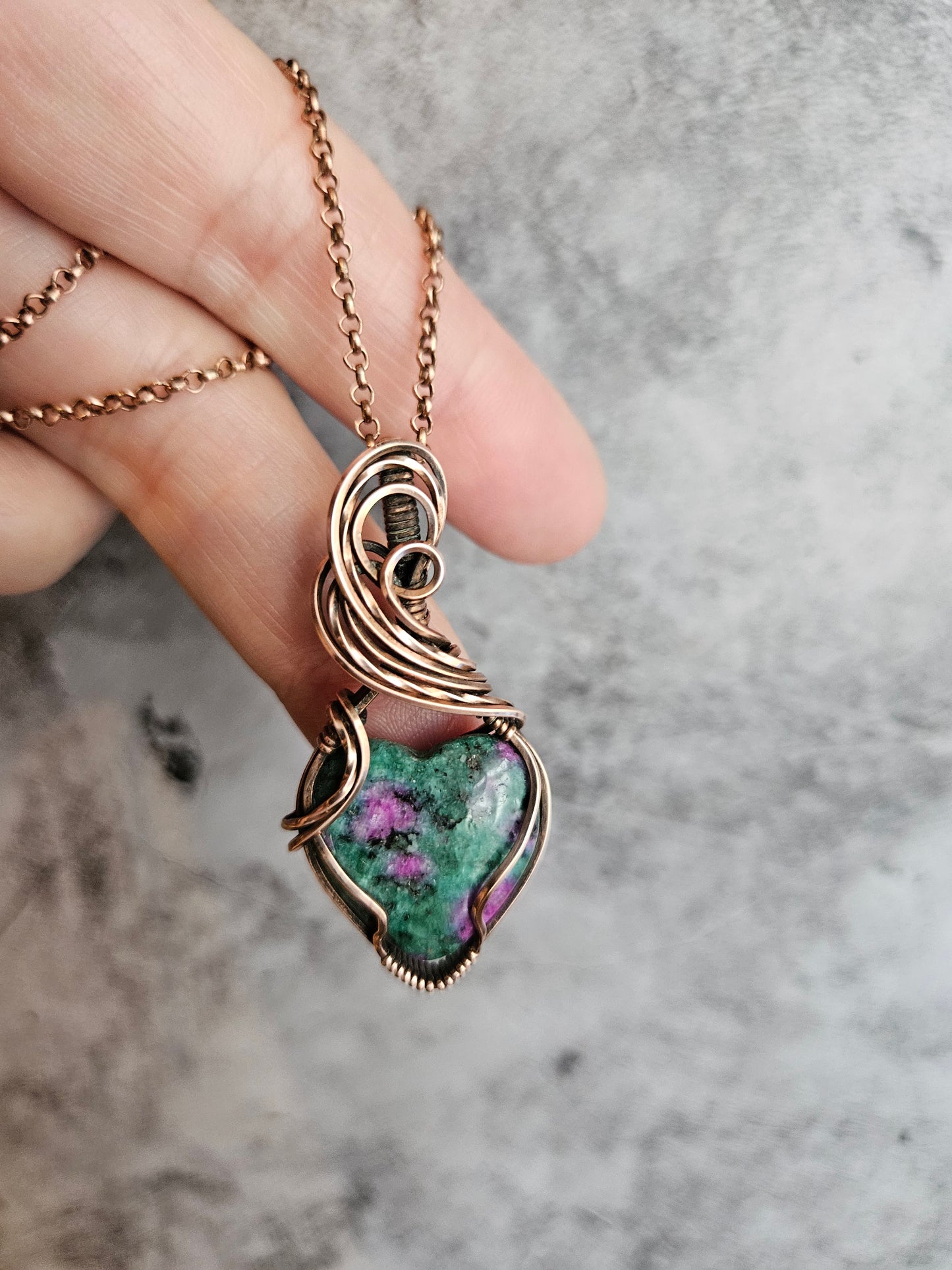 Heart shaped ruby zoisite wire wrapped pendant