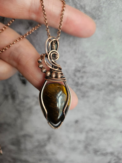 Wire wrapped Tiger eye gemstone pendant