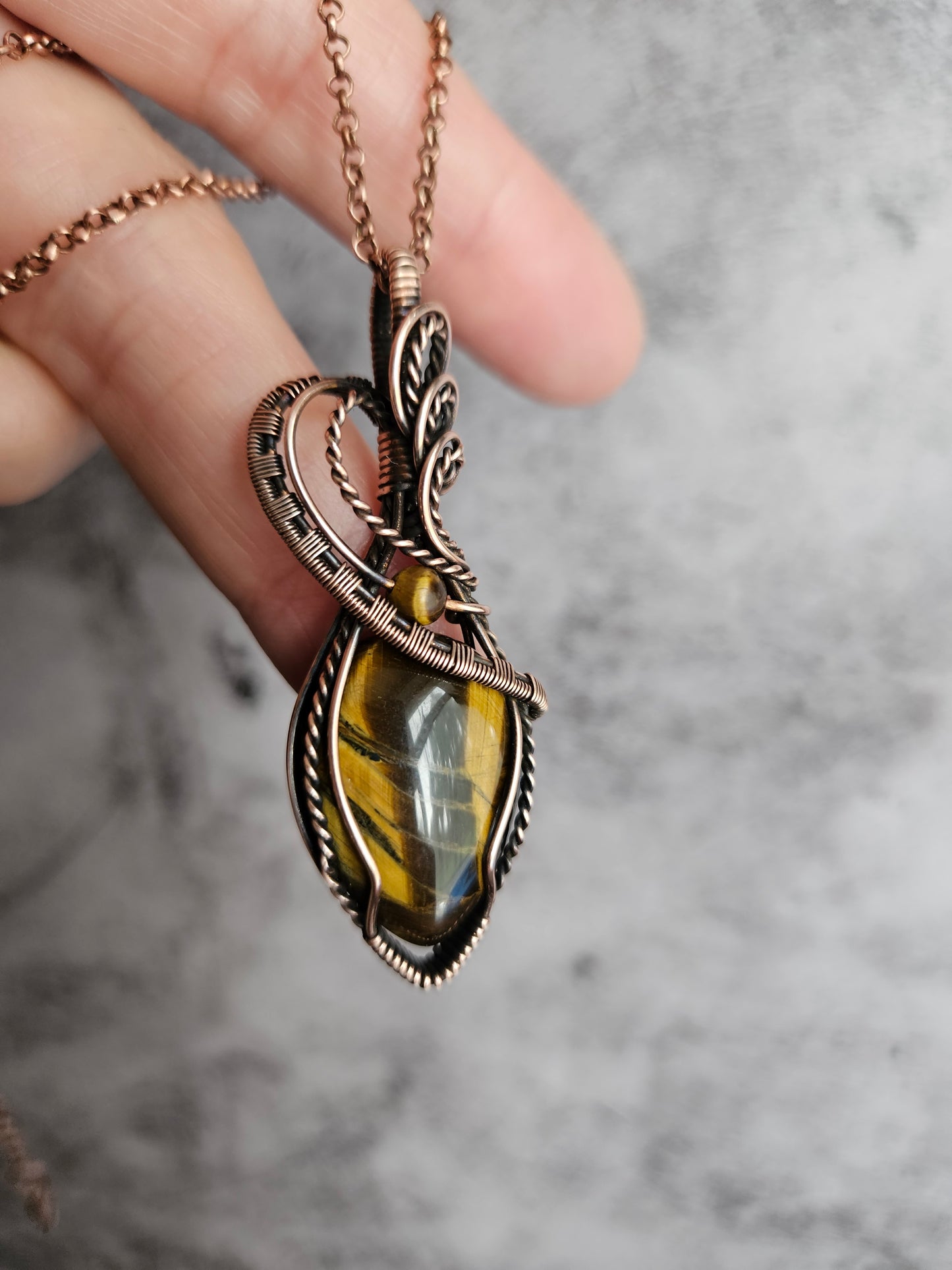 Wire wrapped rustic tiger eye gemstone necklace