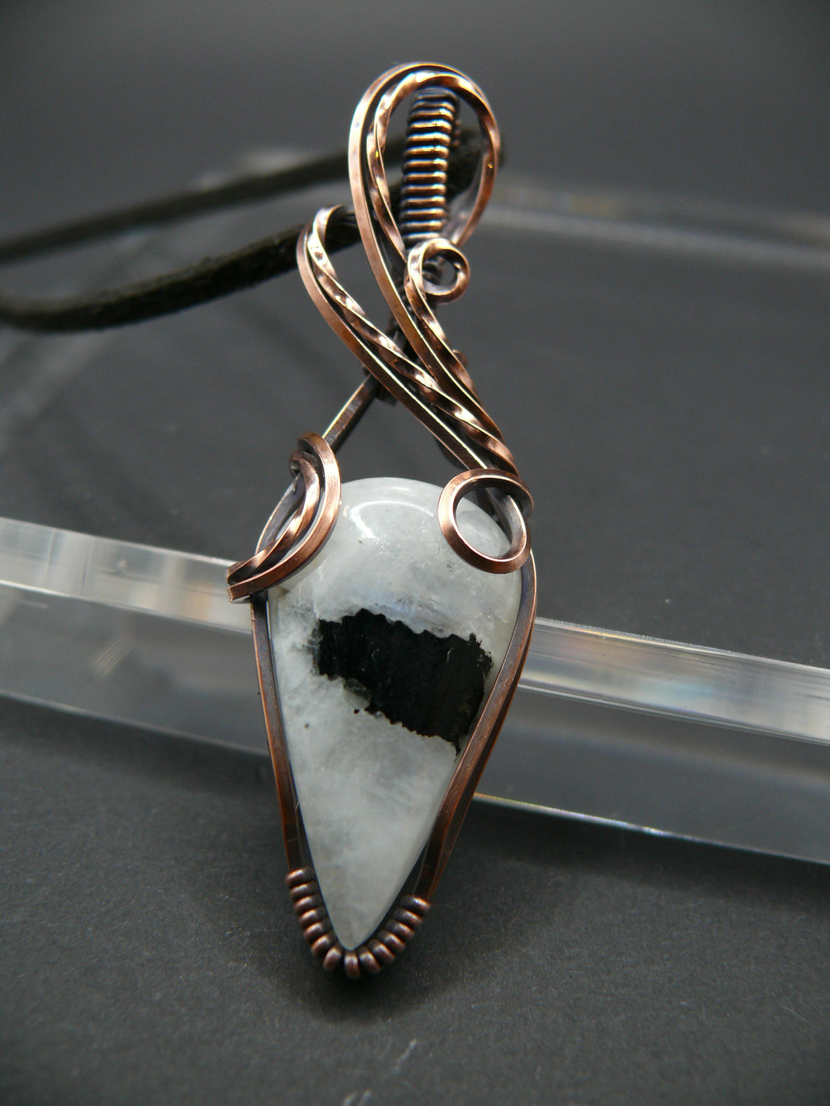 White moonstone and black tourmaline gemstone pendant