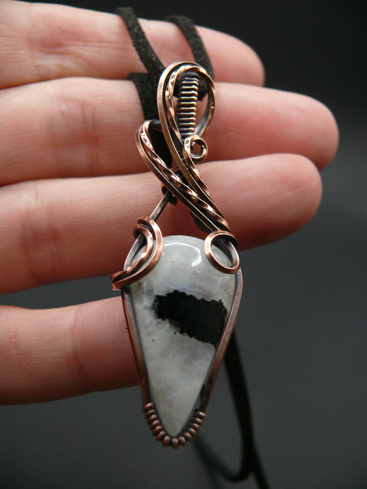 White moonstone and black tourmaline gemstone pendant