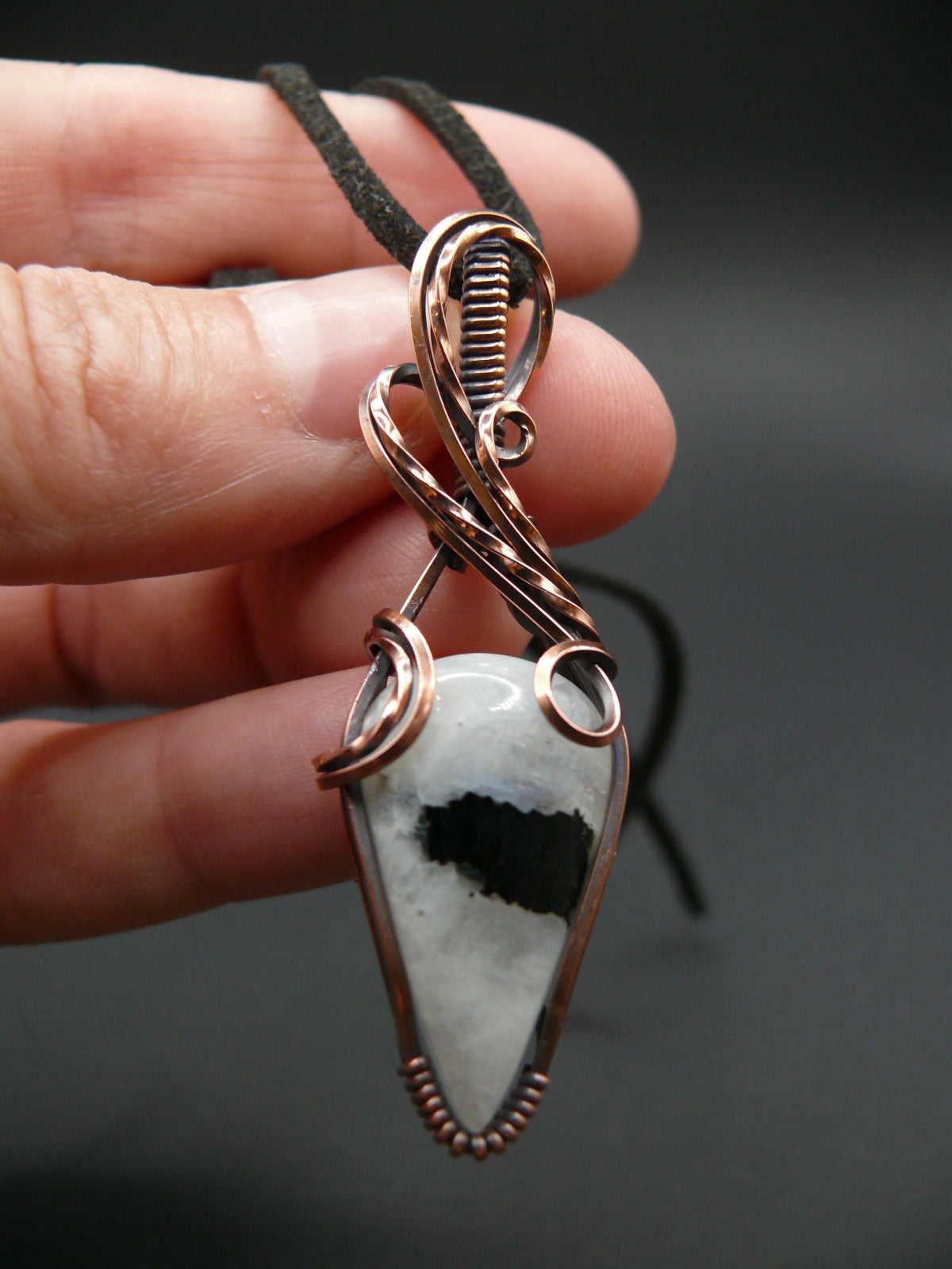 White moonstone and black tourmaline gemstone pendant