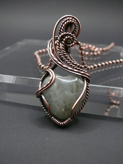 Heart shaped moonstone pendant wire wrapped in copper