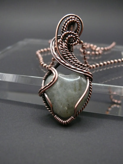 Heart shaped moonstone pendant wire wrapped in copper