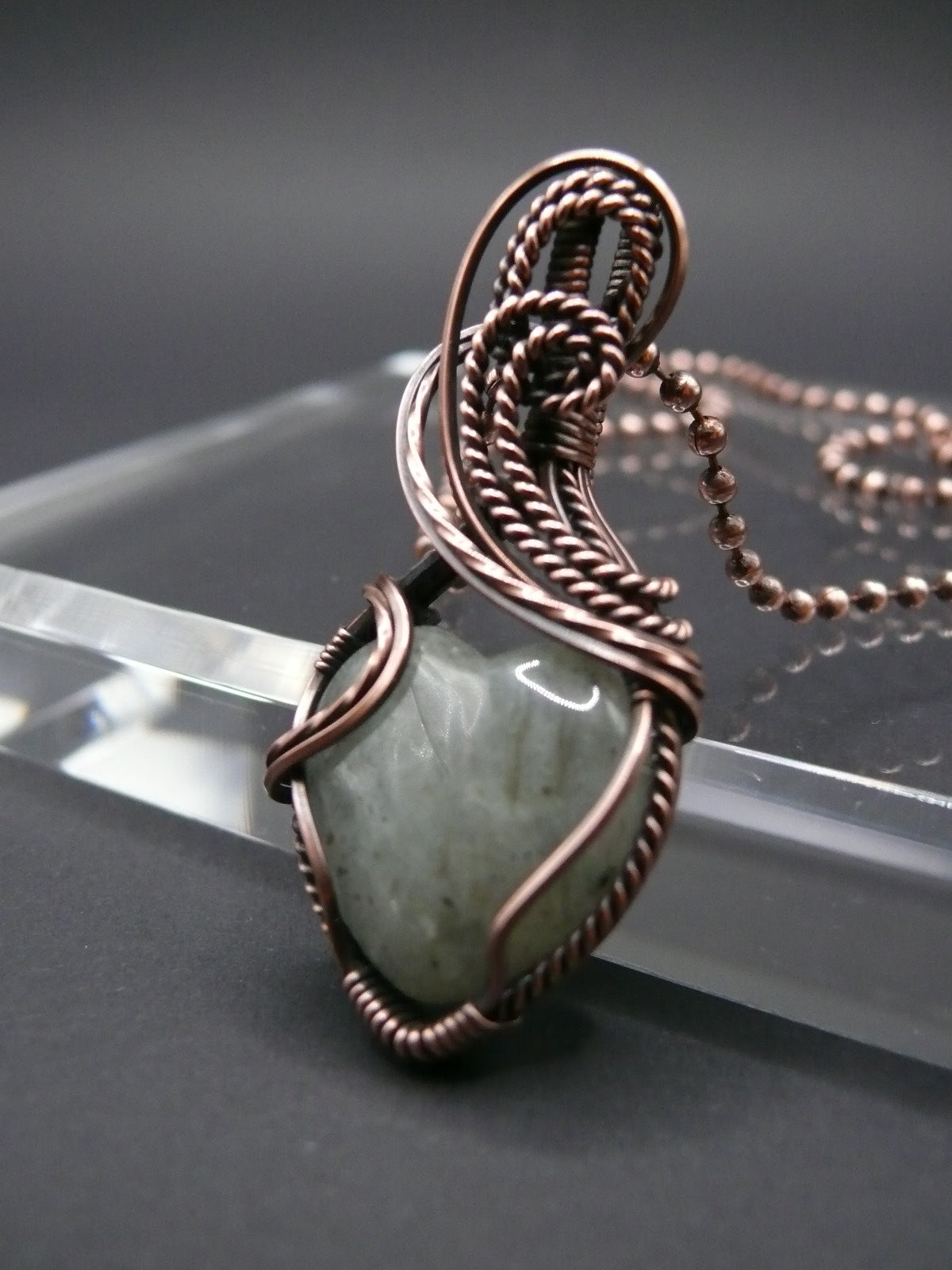 Heart shaped moonstone pendant wire wrapped in copper