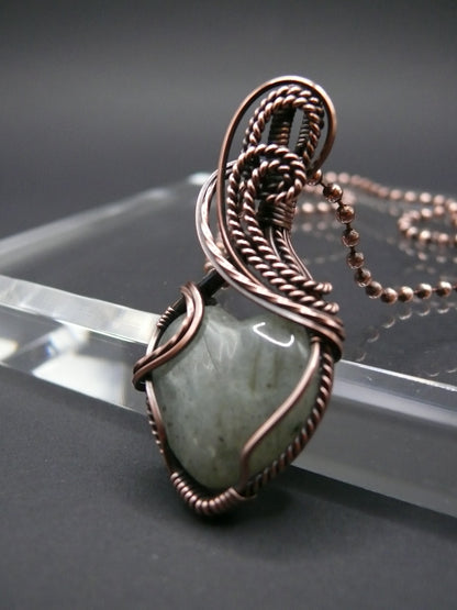 Heart shaped moonstone pendant wire wrapped in copper