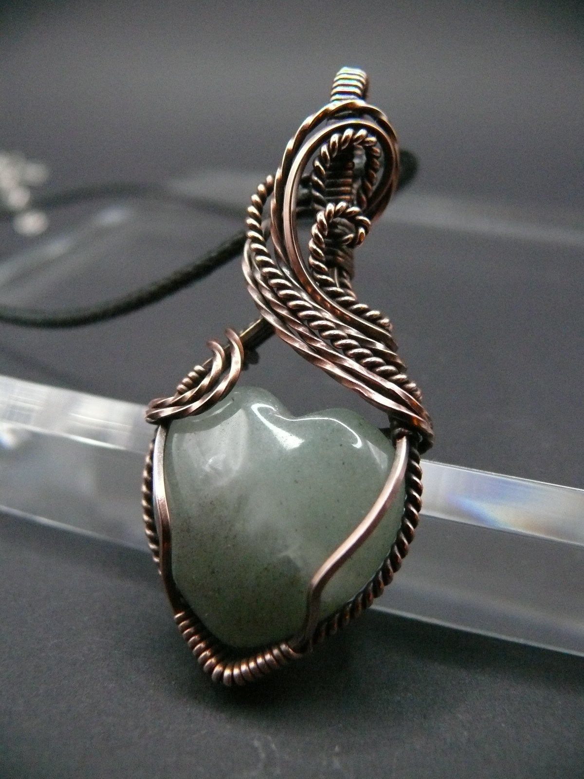 Handcrafted heart shaped moonstone pendant wire wrapped in copper