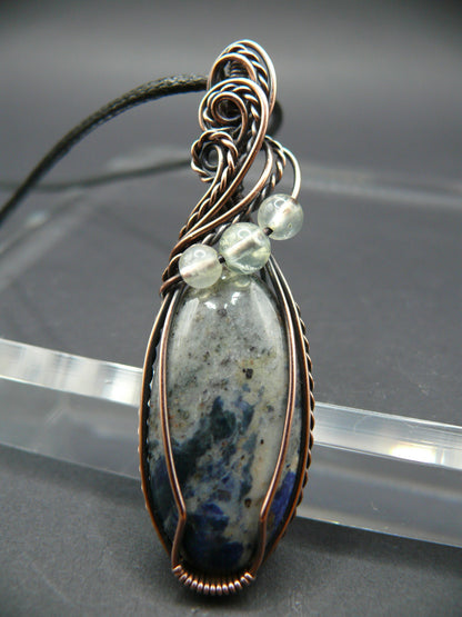 Wire wrapped sodalite and prehnite pendant