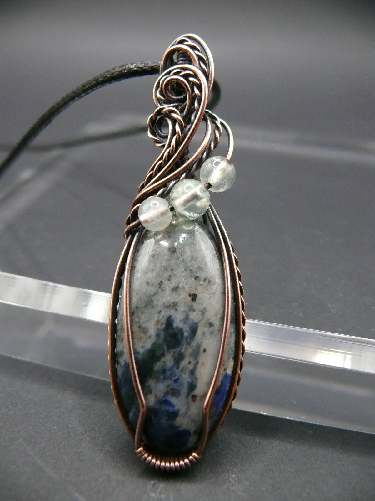 Wire wrapped sodalite and prehnite pendant