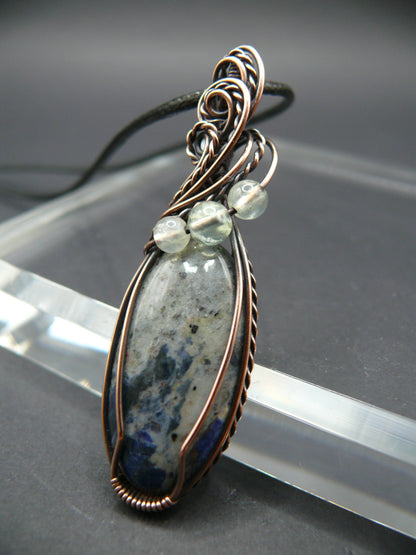 Wire wrapped sodalite and prehnite pendant