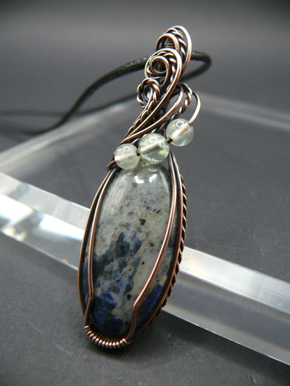 Wire wrapped sodalite and prehnite pendant