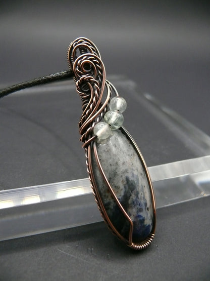 Wire wrapped sodalite and prehnite pendant