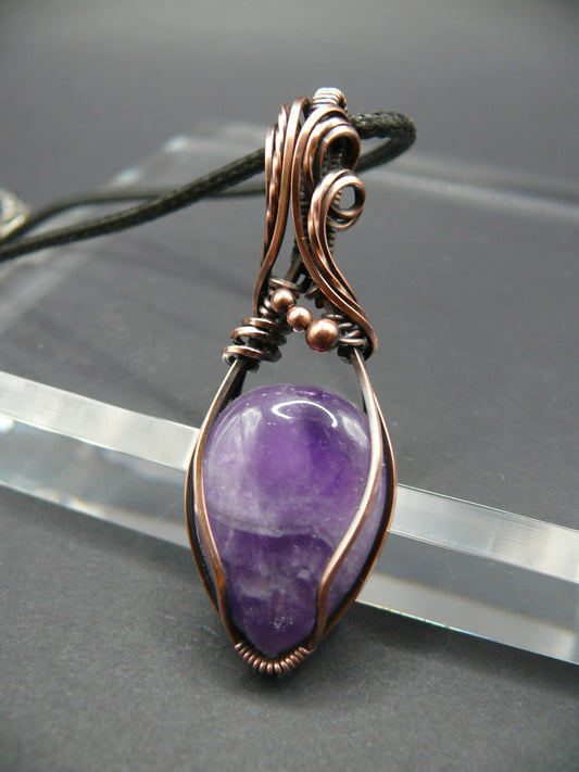 Copper wire wrapped amethyst pendant