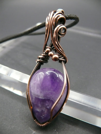 Copper wire wrapped amethyst pendant