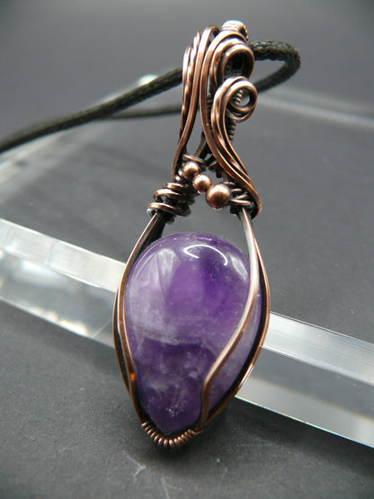 Copper wire wrapped amethyst pendant