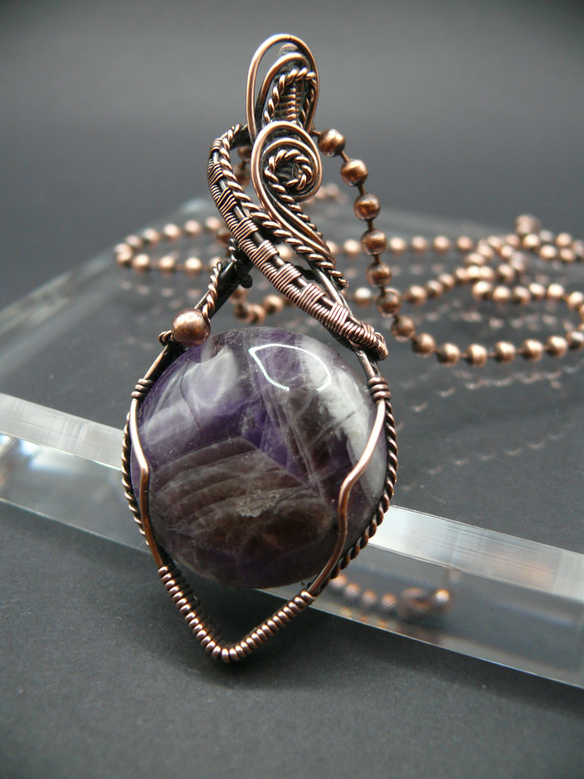 Copper wire wrapped amethyst statement pendant