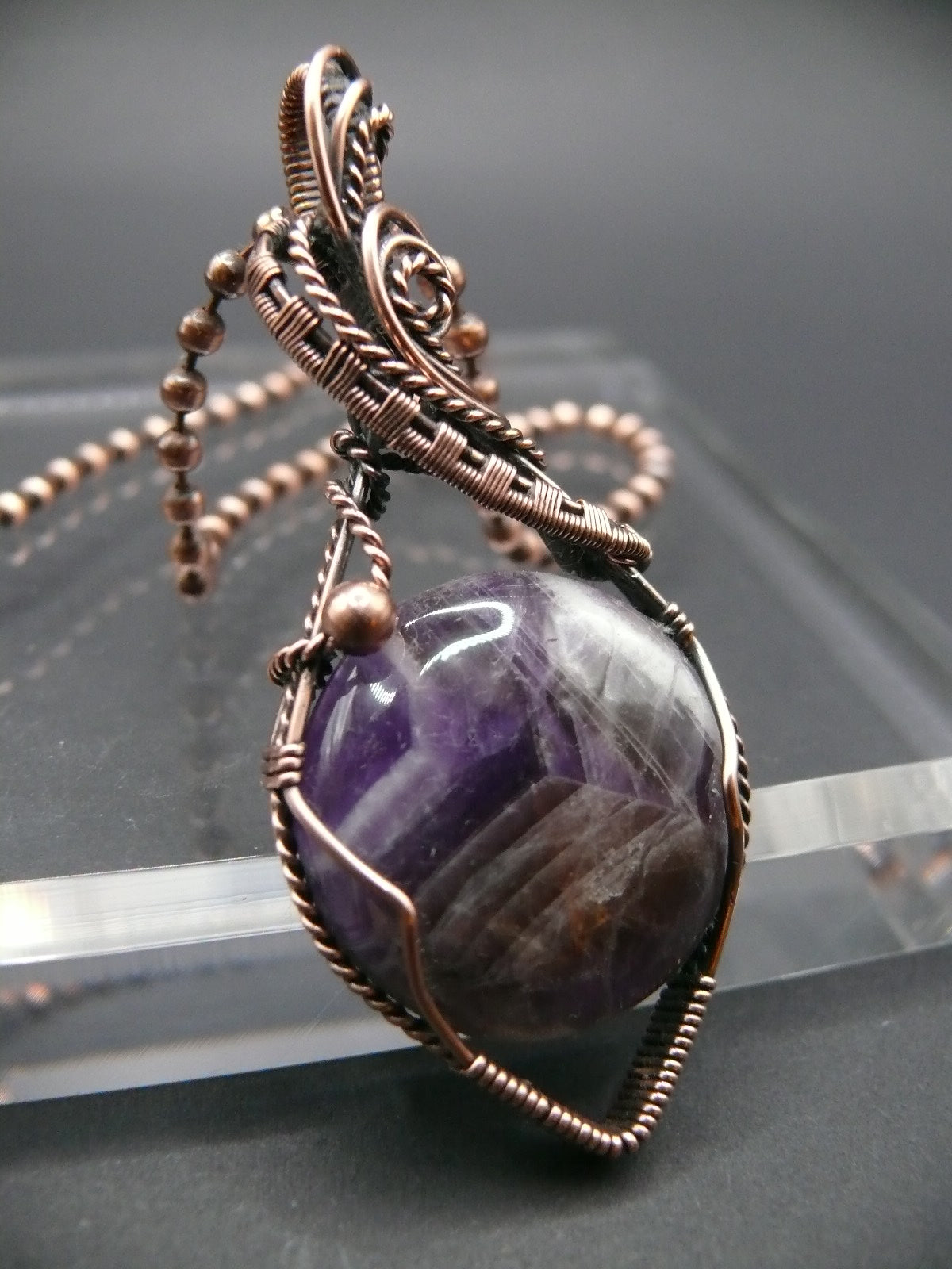 Copper wire wrapped amethyst statement pendant