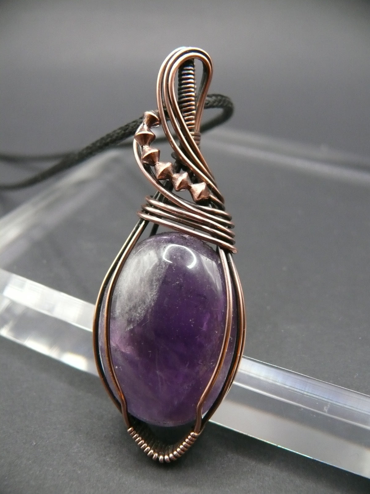 Copper wire wrapped amethyst statement pendant