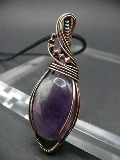 Copper wire wrapped amethyst statement pendant