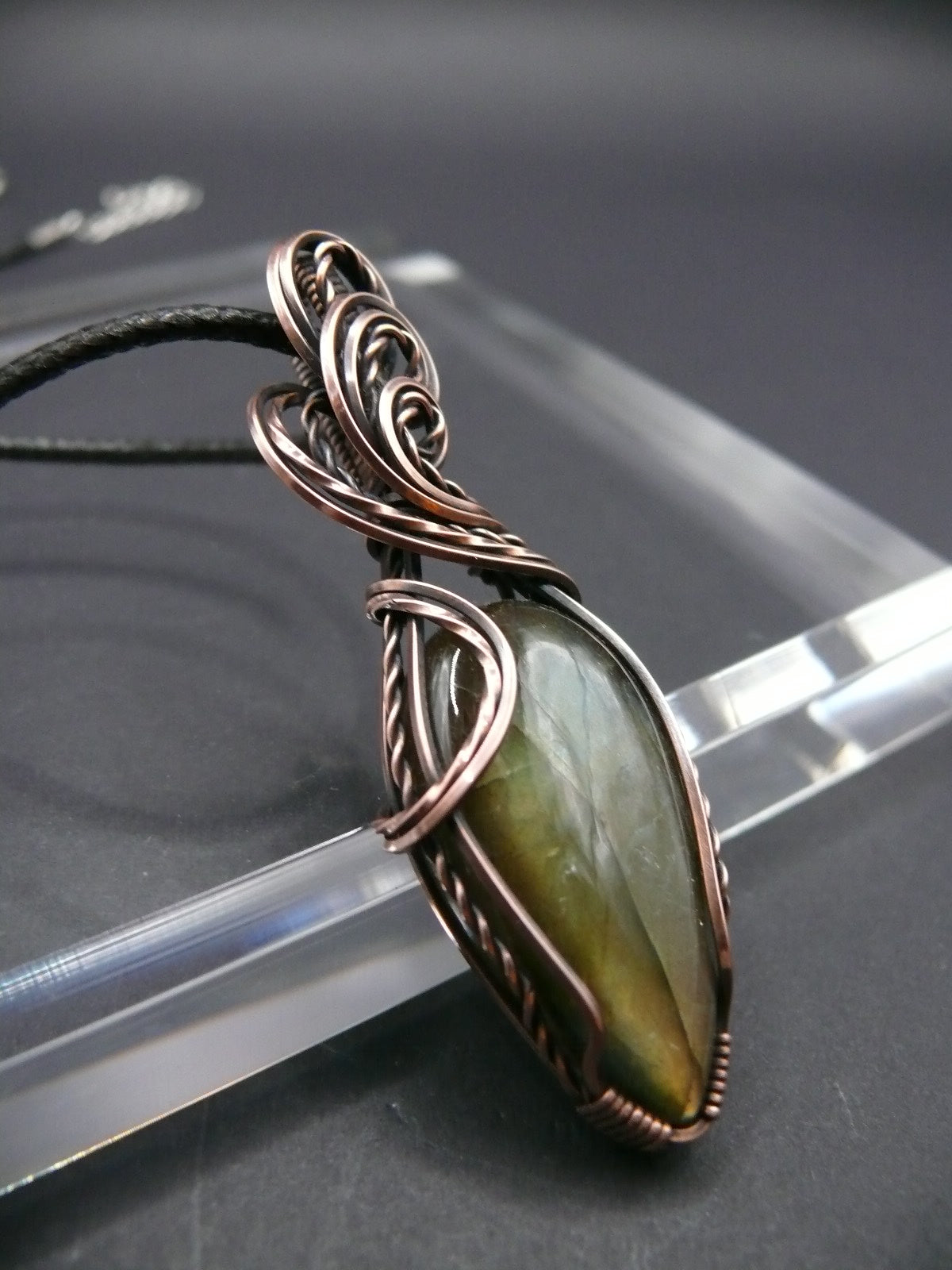 Wire wrapped labradorite pendant in vintage copper