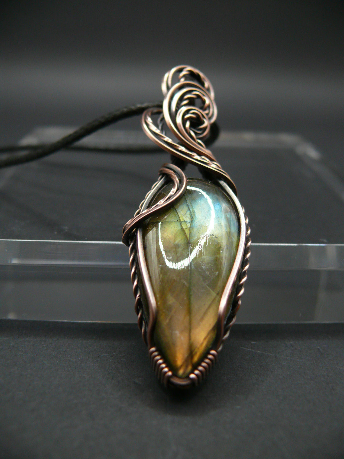 Wire wrapped labradorite pendant in vintage copper