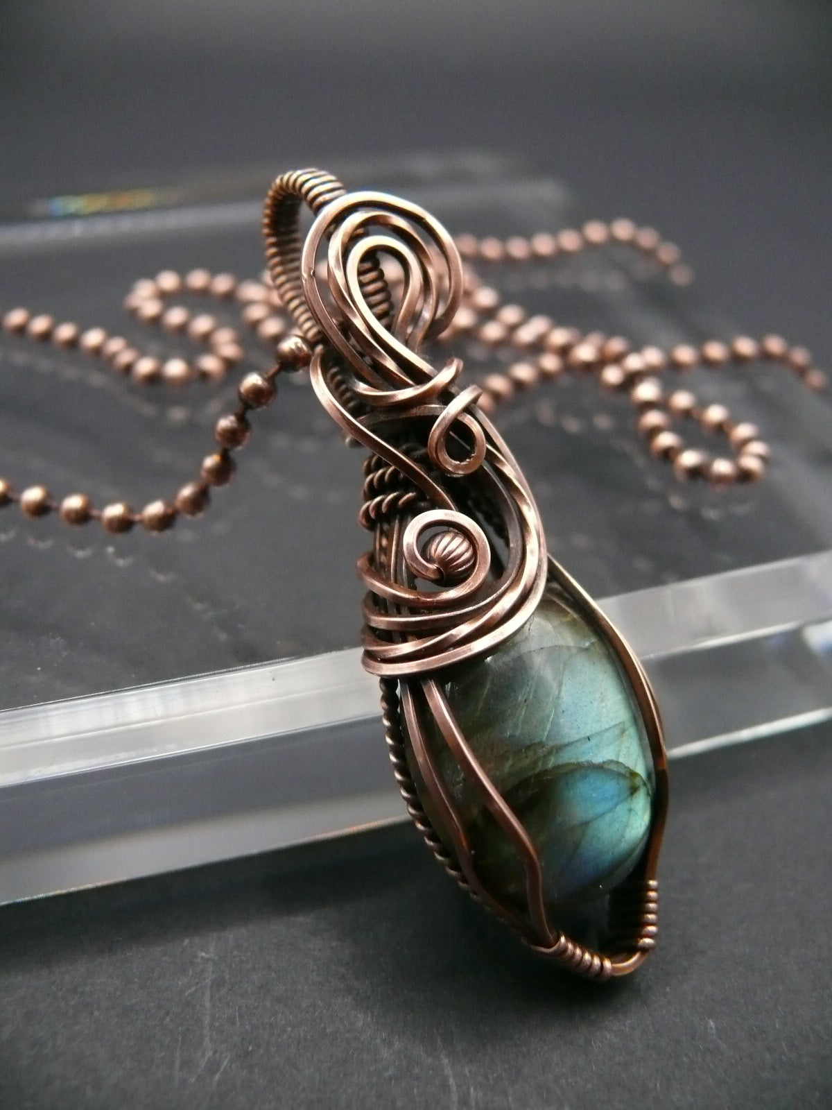 Copper wire wrapped labradorite pendant