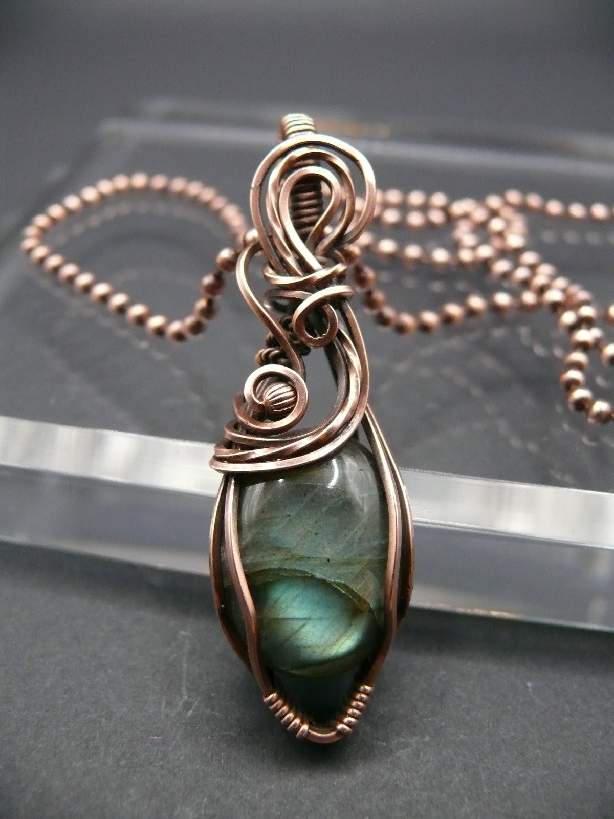 Copper wire wrapped labradorite pendant