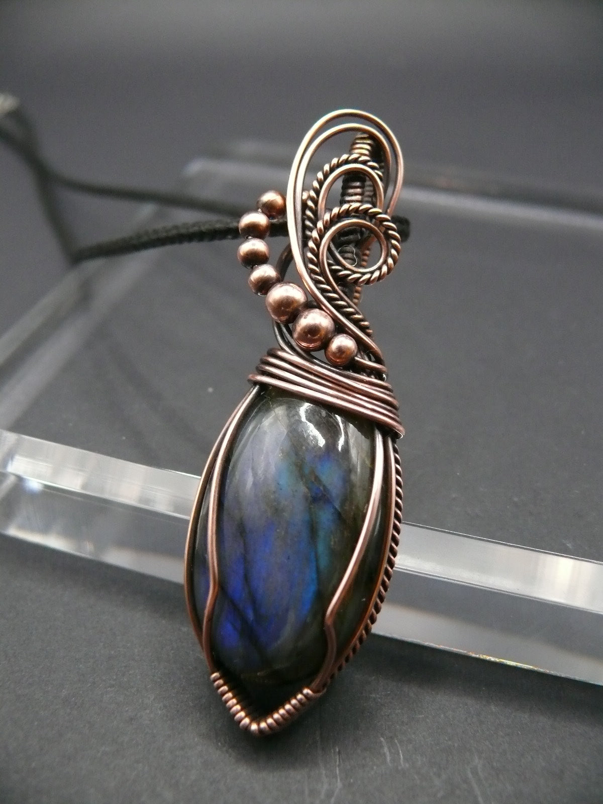 Elegant labradorite gemstone pendant in antiqued copper