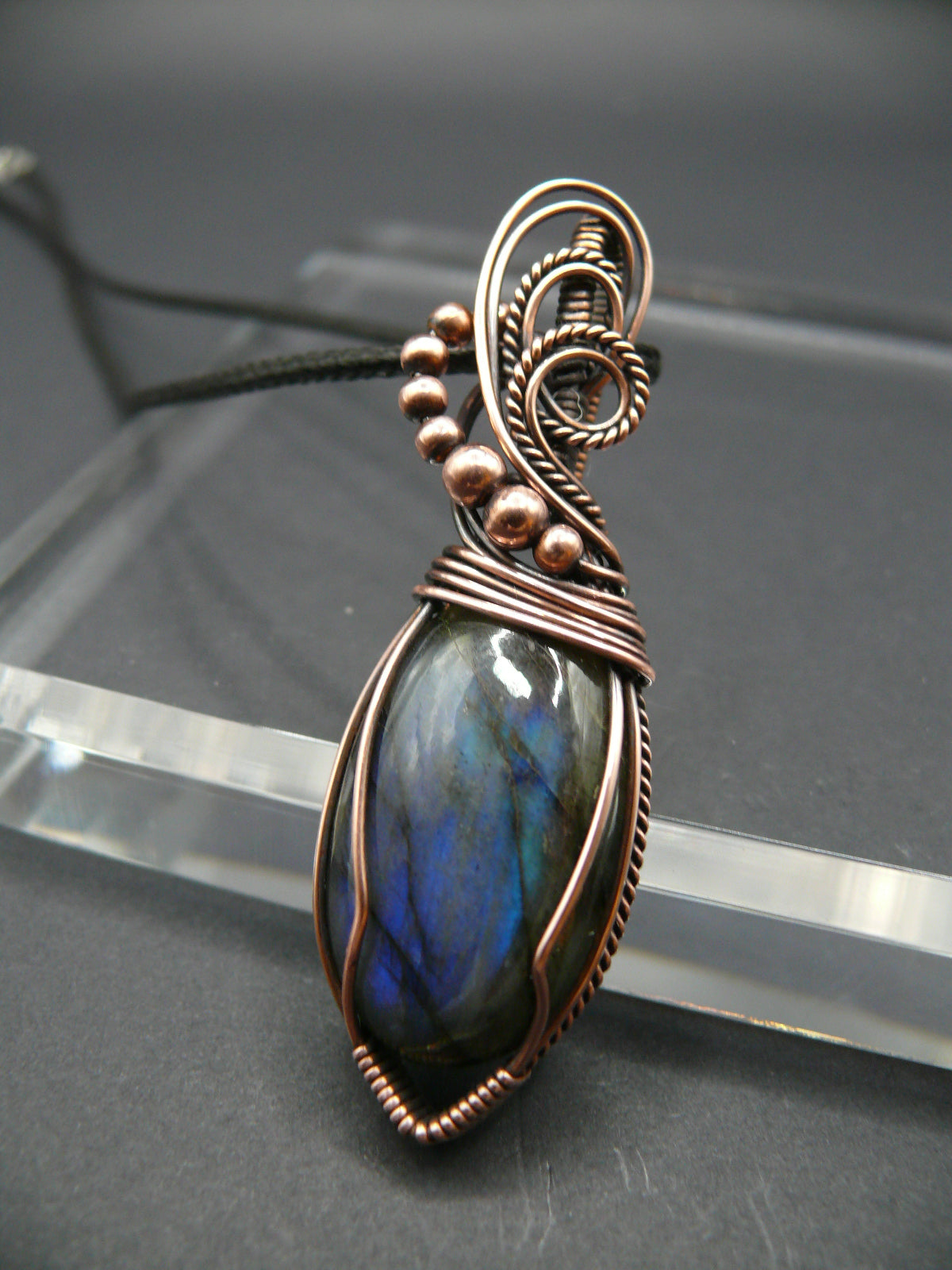 Elegant labradorite gemstone pendant in antiqued copper