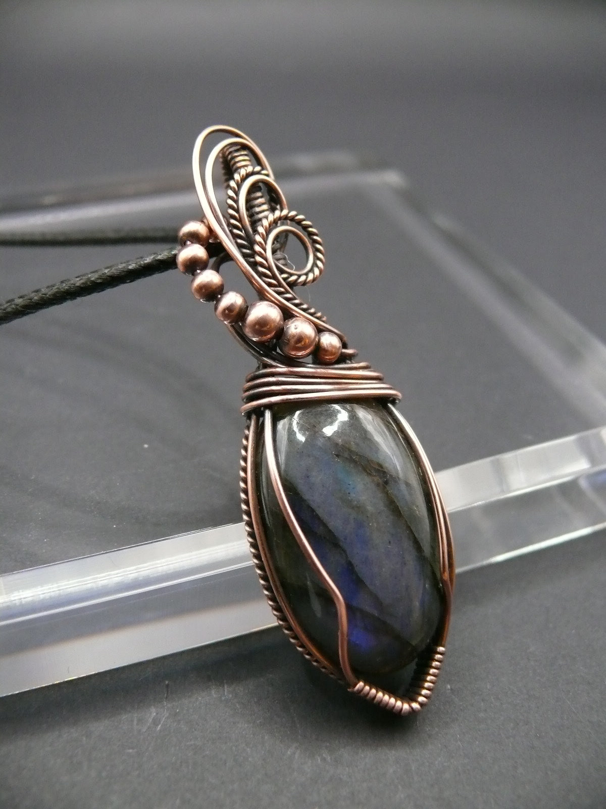 Elegant labradorite gemstone pendant in antiqued copper