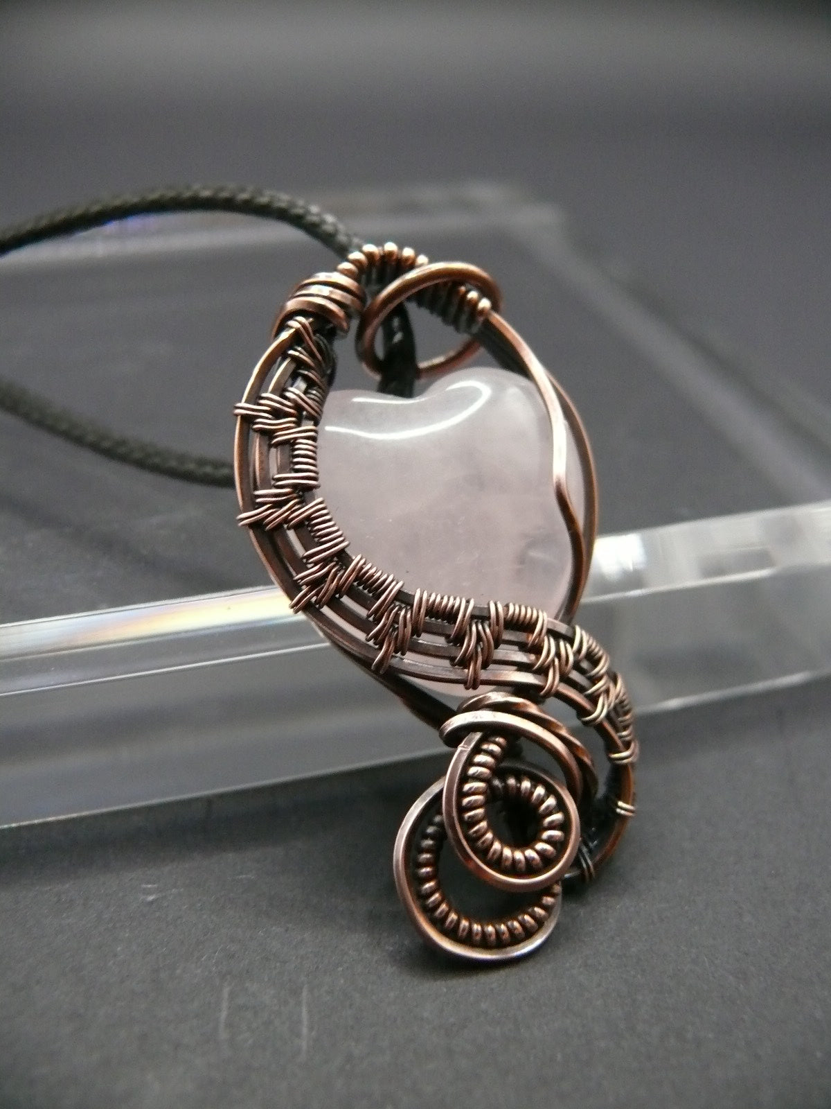 Copper wire-wrapped heart shaped pink rose quartz pendant