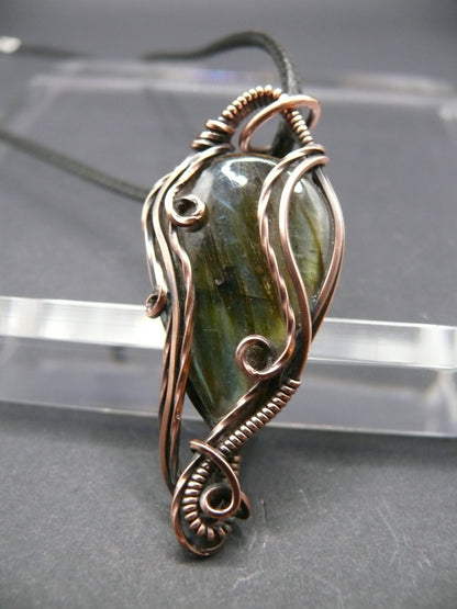 Rustic copper wire wrapped labradorite pendant necklace