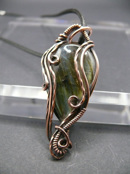 Rustic copper wire wrapped labradorite pendant necklace